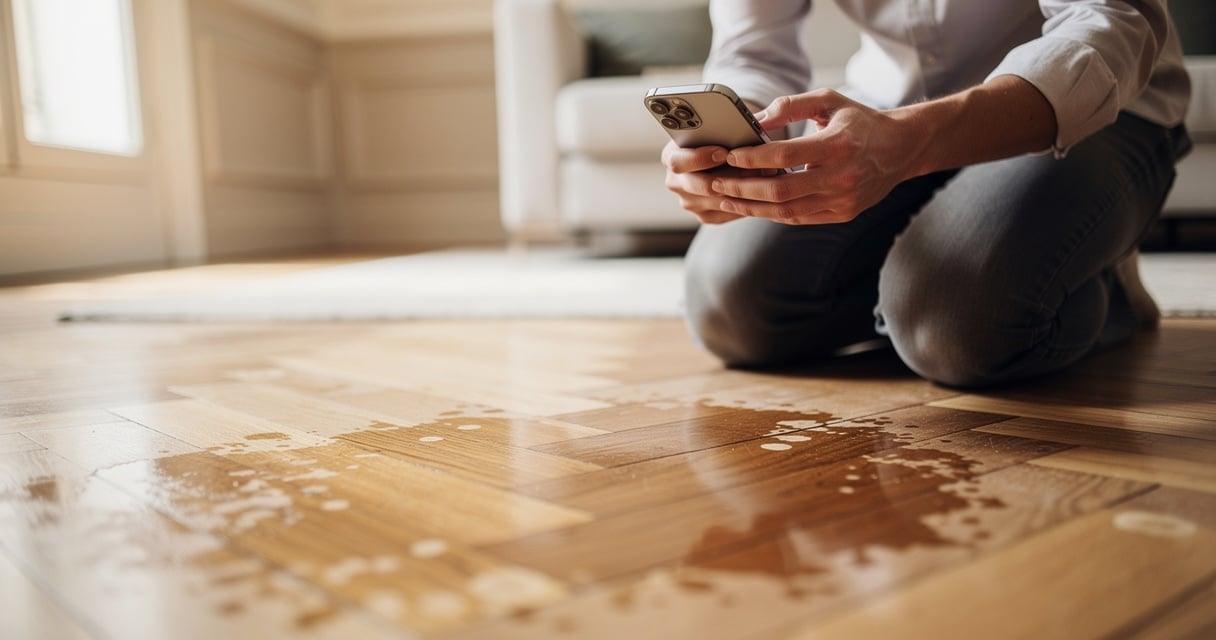 Personne documentant un dégât des eaux sur un parquet pour son assurance habitation