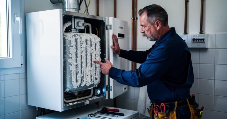 Résistance de chauffe-eau électrique recouverte de tartre lors d'une inspection
