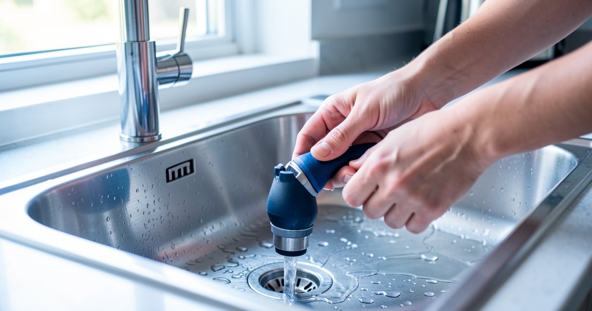 Mains débouchant un évier de cuisine avec une ventouse
