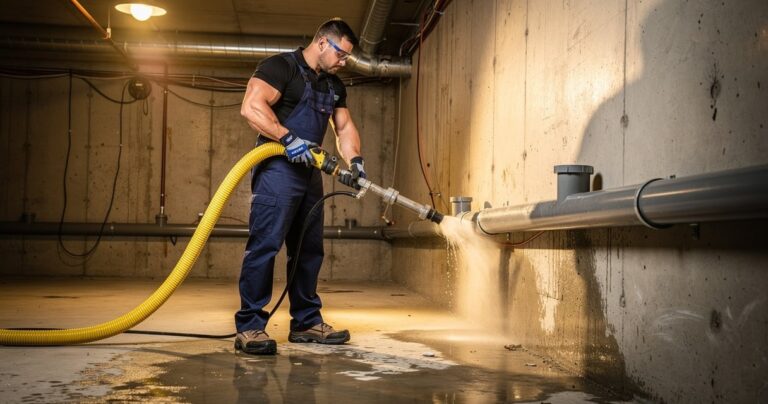 Plombier professionnel réalisant un débouchage haute pression dans une canalisation résidentielle