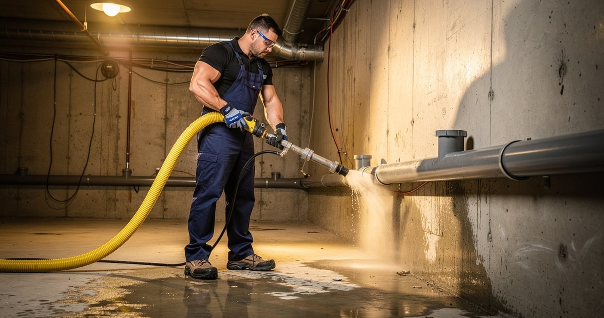 Plombier professionnel réalisant un débouchage haute pression dans une canalisation résidentielle