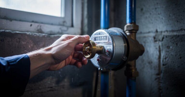 Main fermant un robinet d'arrêt général d'eau près du compteur en urgence