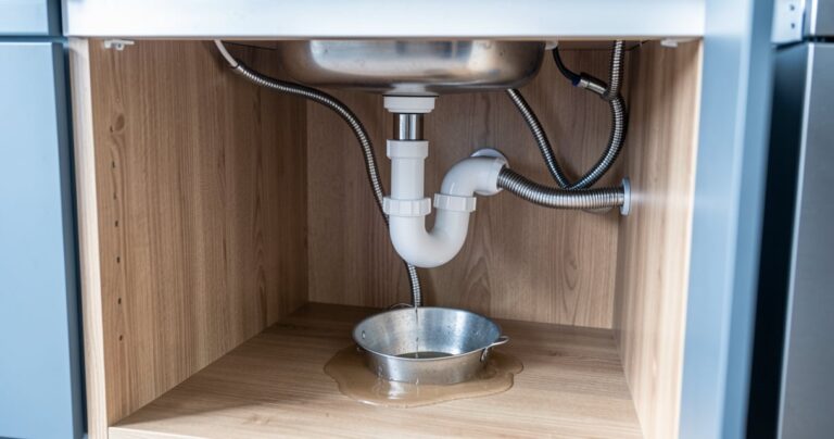 Fuite d'eau sous l'évier dans un meuble de cuisine avec une bassine