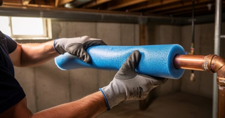 Plombier isolant une canalisation en cuivre avec un manchon en mousse pour la protéger du gel hivernal