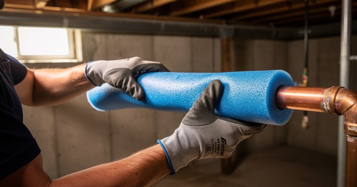 Plombier isolant une canalisation en cuivre avec un manchon en mousse pour la protéger du gel hivernal