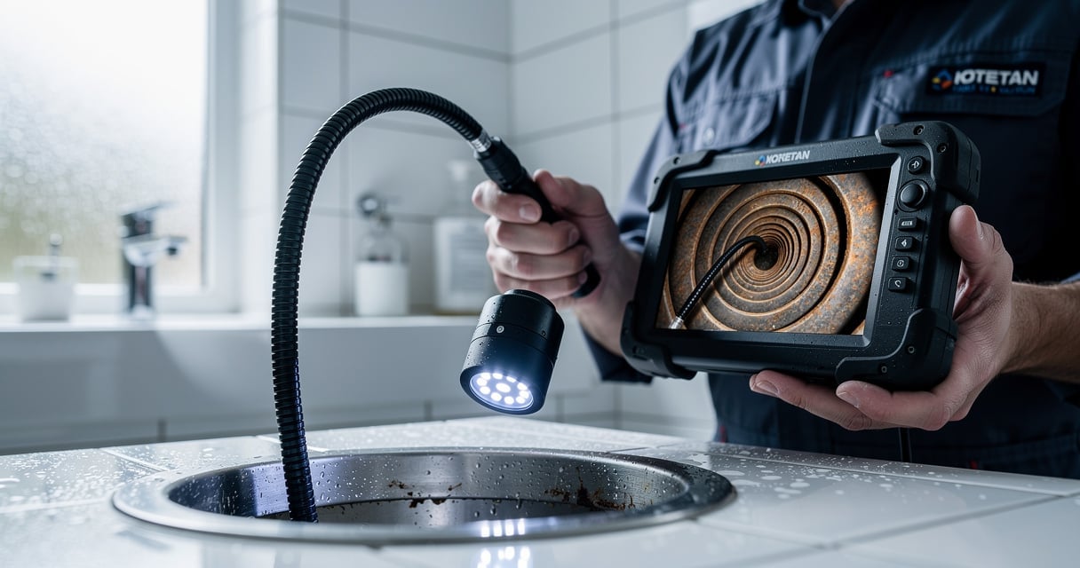 Plombier utilisant une caméra endoscopique pour inspecter une canalisation