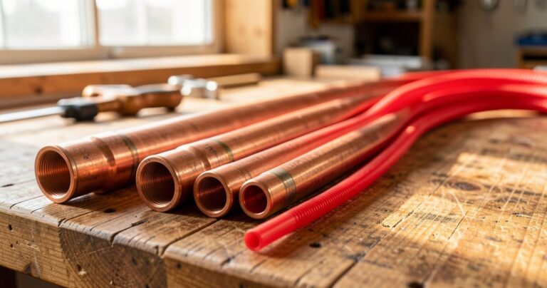 Tuyaux en cuivre et tube PER posés côte à côte sur un établi