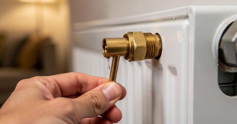 Plombier en train de purger un radiateur avec une clé de purge à Plaisir