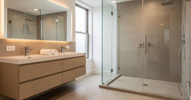 Salle de bain rénovée avec douche italienne, double vasque en bois clair et grand carrelage gris