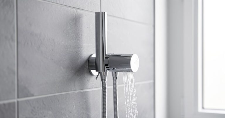 Mitigeur thermostatique de douche chrome installe sur un mur carrele