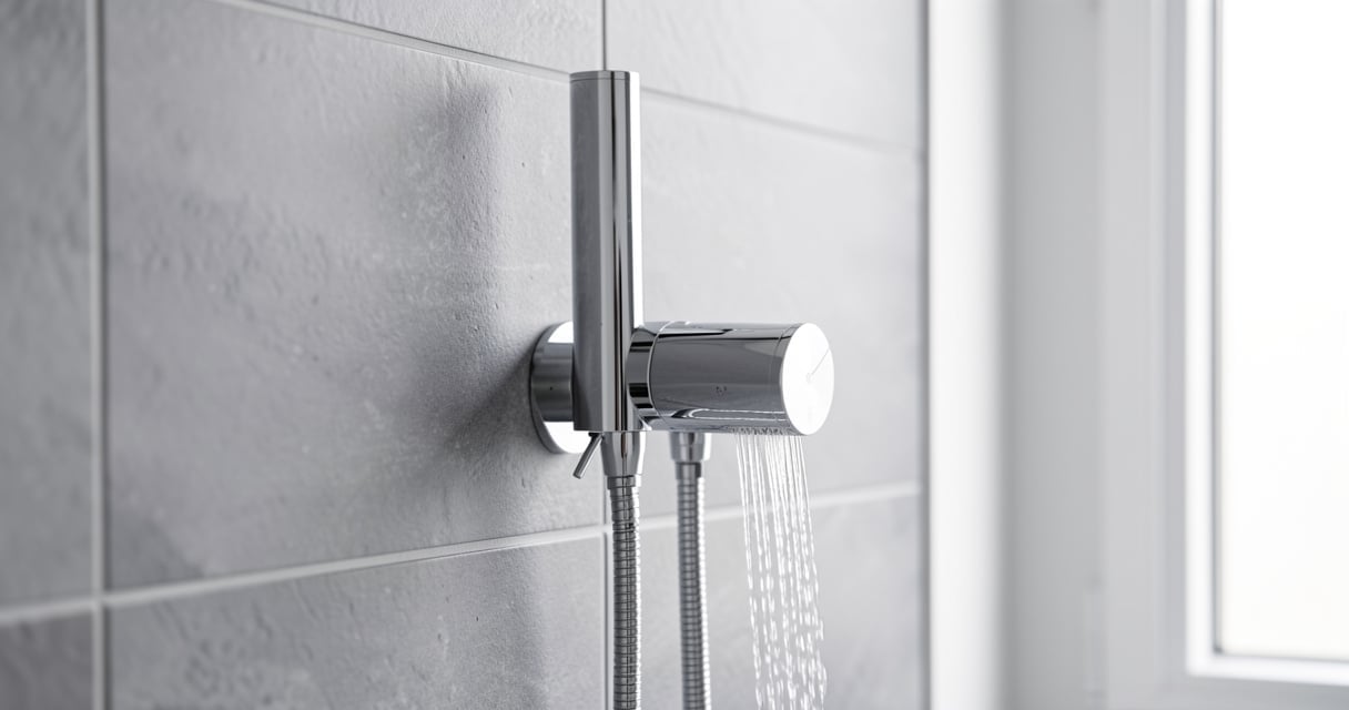 Mitigeur thermostatique de douche chrome installe sur un mur carrele