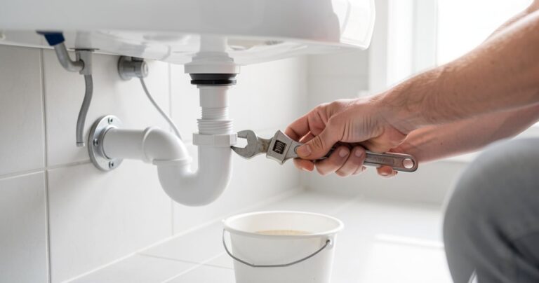 Démontage du siphon en plastique sous un lavabo blanc avec une pince et un seau