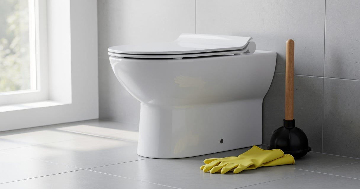 WC blanc dans une salle de bain moderne avec ventouse et gants posés sur le carrelage
