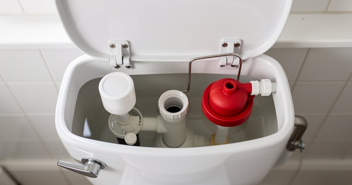 Réservoir de WC ouvert montrant le mécanisme de chasse, le flotteur et le joint
